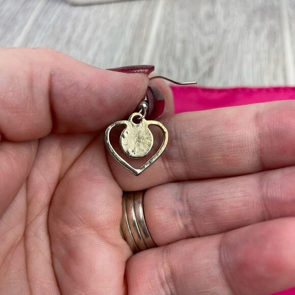 Heart Shape Silver Dangle Earrings With Round Turquoise Center Stone - Picture 2 of 5